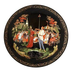 Vintage Russian Palekh Wall Plate "The Priest and His Servant Balda" Porcelain